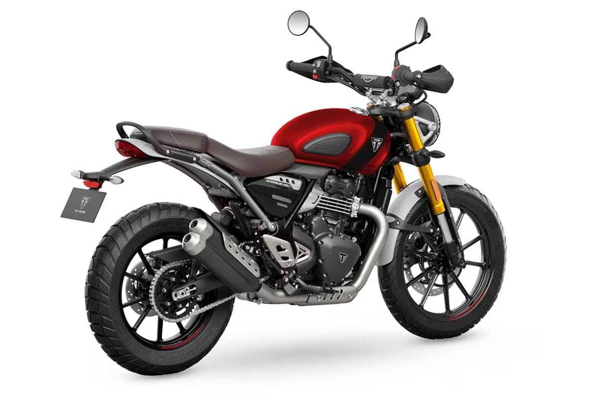 Triumph Scrambler 400 X rear three quarter red