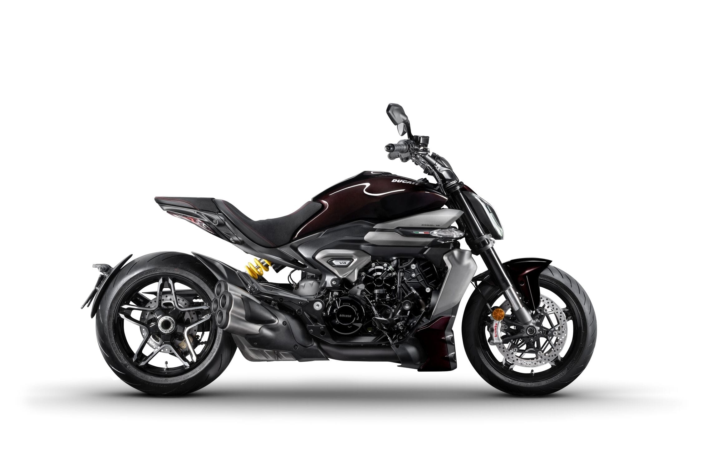 Ducati XDiavel V4 side profile studio shot in Black Lava colour