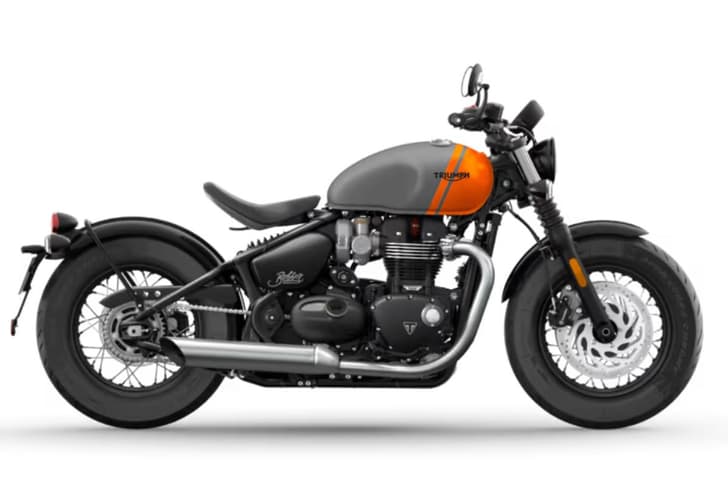 Triumph Bonneville Bobber right side profile grey and orange