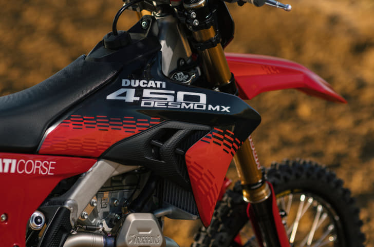 Close up of the tank on the Ducati Desmo450 MX Factory