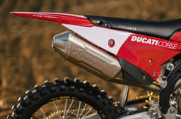 Close up of the exhaust on the Ducati Desmo450 MX Factory