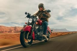 Indian Chief Vintage front left side riding shot on highway in desert