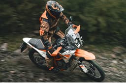 KTM 390 Adventure R front right side riding shot off road from top angle
