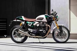 Triumph Speed Twin 1200 Cafe Racer Edition right side profile static in parking lot