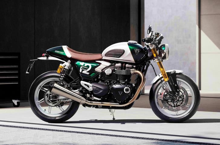 Triumph Speed Twin 1200 Cafe Racer Edition right side profile static in parking lot