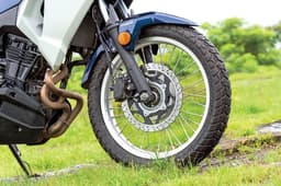 Close up of the front wheel on the Kawasaki Versys-X 300