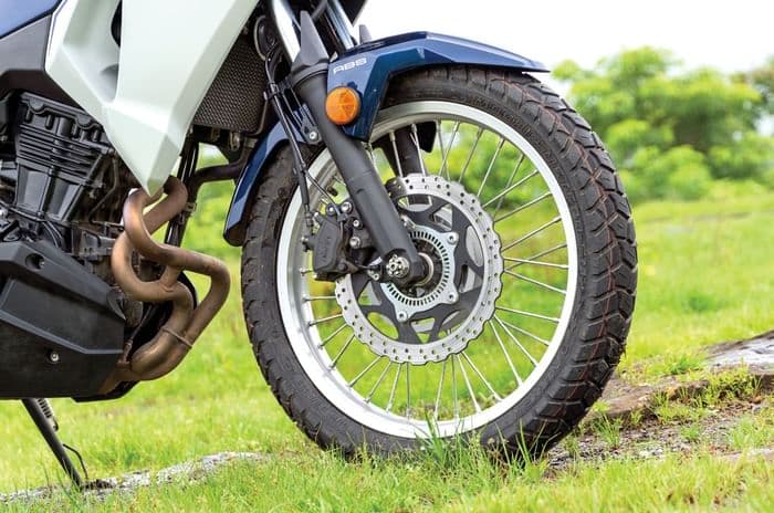 Close up of the front wheel on the Kawasaki Versys-X 300