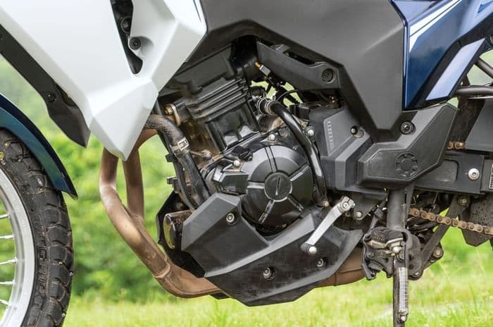 Close up of the engine on the Kawasaki Versys-X 300