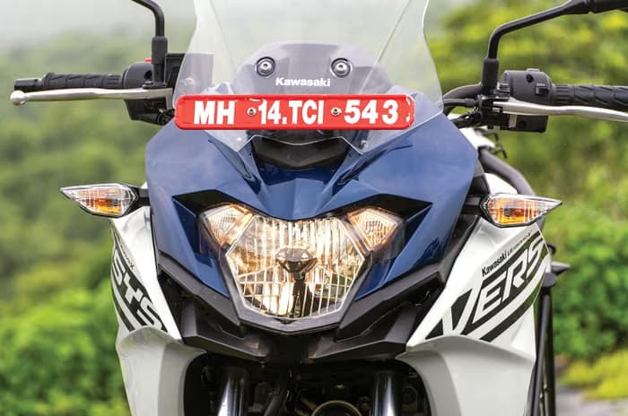Close up of the headlight on the Kawasaki Versys-X 300