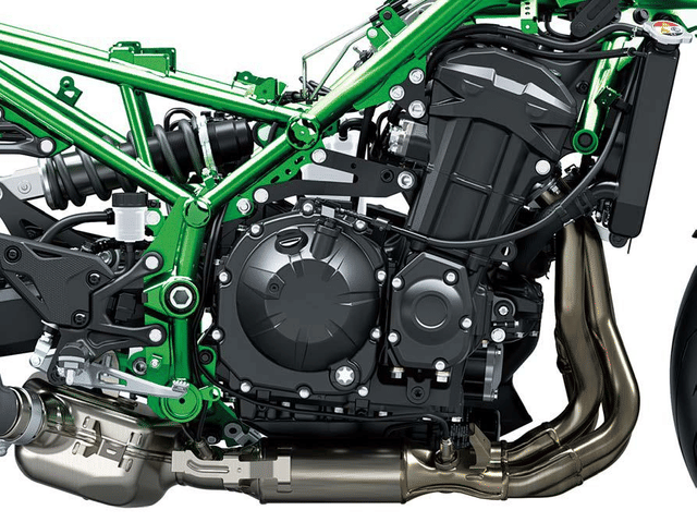Close up of Kawasaki Z900 engine and exposed frame