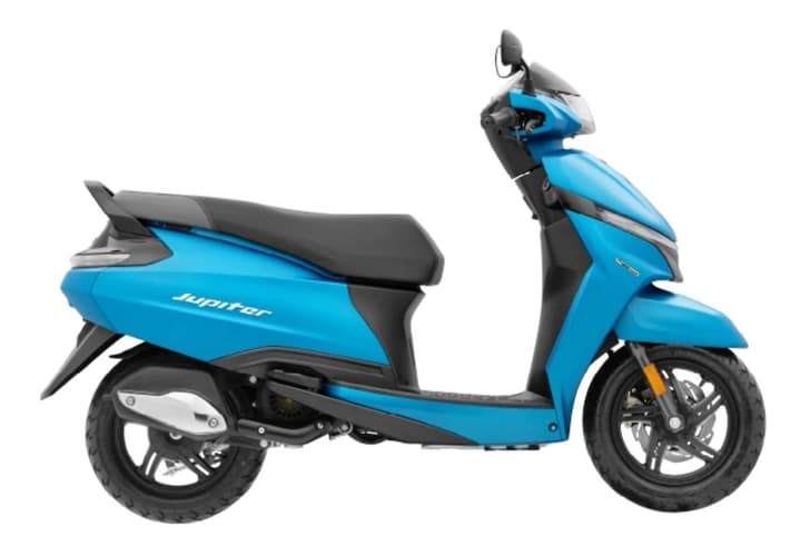 TVS Jupiter 110 lighte matte blue colour right side profile static in studio