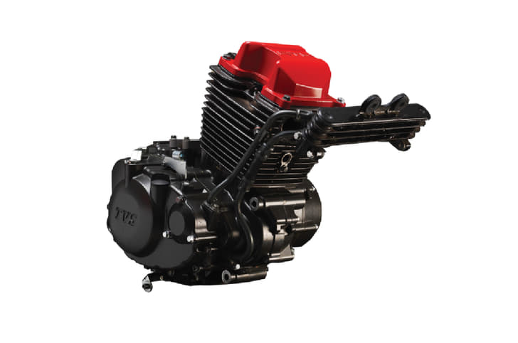 Studio image of TVS Apache RTR 200 4V engine on a white background