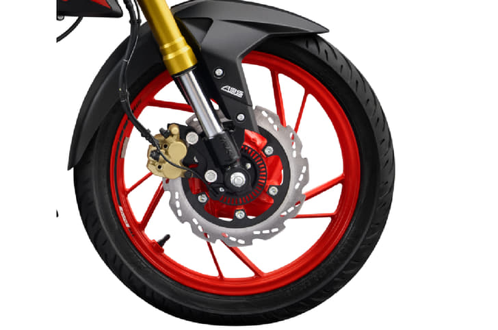 Studio image of TVS Apache RTR 200 4V front wheel on a white background