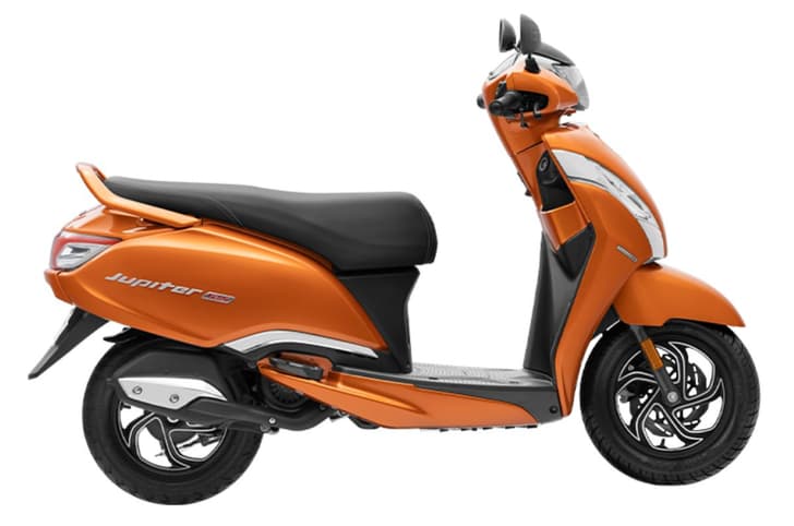 TVS Jupiter 125 orange right side profile static in studio