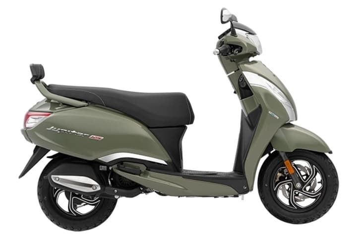 TVS Jupiter 125 green right side profile static in studio