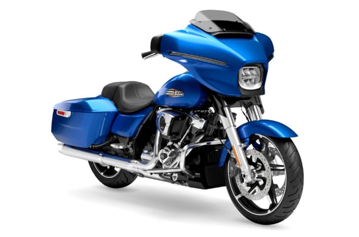 Harley-Davidson Street Glide blue colour front right side static in studio