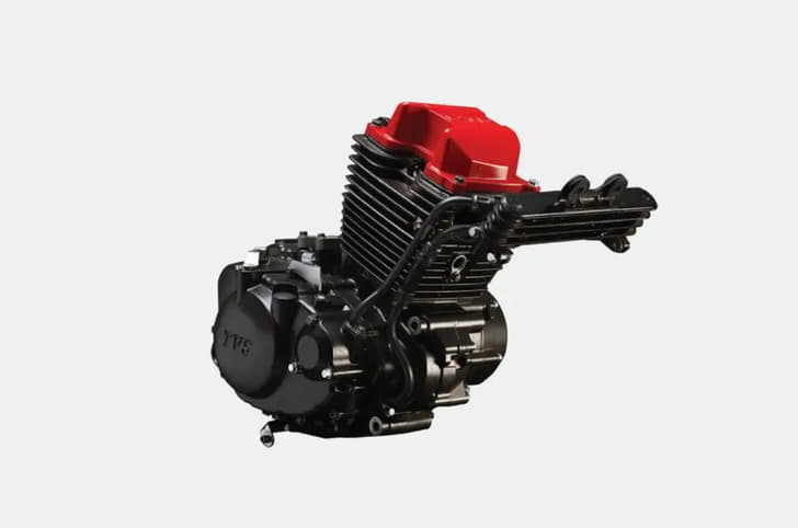 Studio image of TVS Apache RTR 160 4V engine on a white background