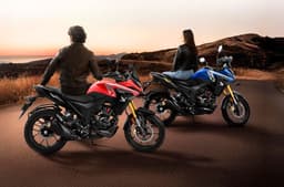 Honda NX200 blue and red bikes parked side by side on hilltop