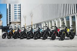 Ducati Scrambler Icon all colours lined up in city centre