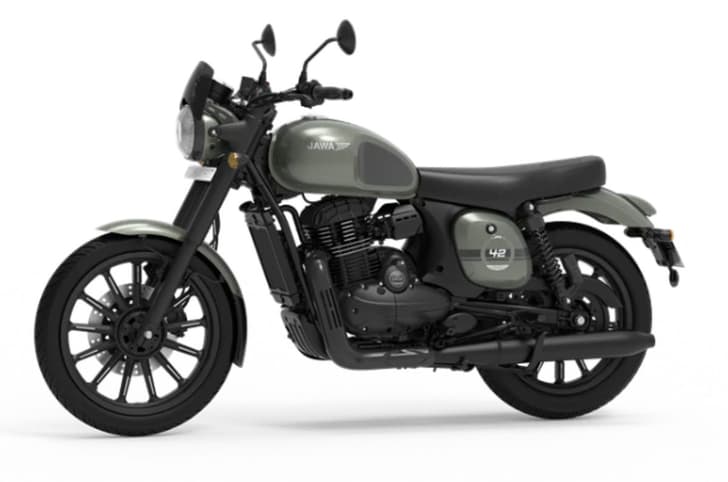 Jawa 42 front three quarter matte green with alloys