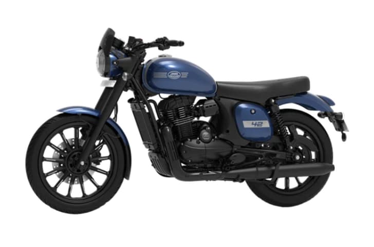 Jawa 42 front three quarter blue with alloys