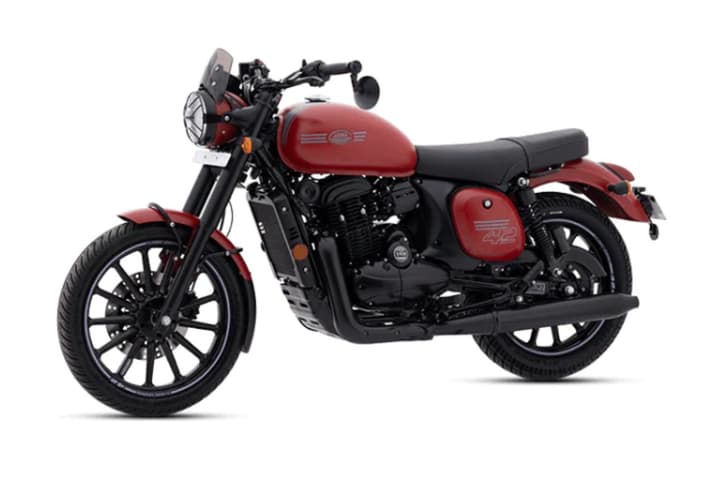 Jawa 42 front three quarter dark red with alloys