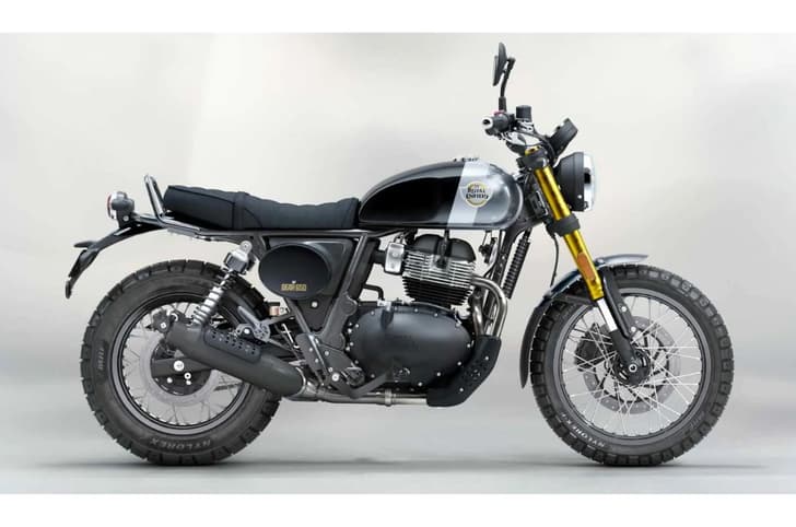 Royal Enfield Bear 650 right side profile static in studio Golden Shadow