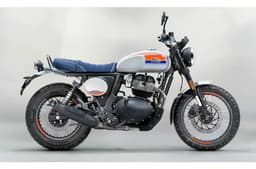 Royal Enfield Bear 650 right side profile static in studio Boardwalk White