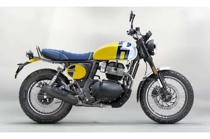 Royal Enfield Bear 650 right side profile static in studio Wild Honey