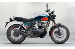 Royal Enfield Bear 650 right side profile static in studio Petrol green