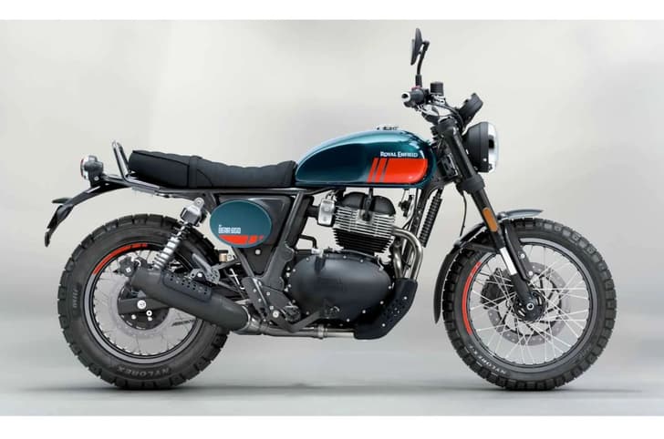 Royal Enfield Bear 650 right side profile static in studio Petrol green