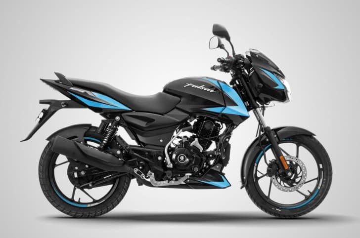 Side studio profile of the Bajaj Pulsar 125 Black Cyan Blue