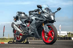 TVS Apache RR 310 Static shot on track showing its design elements like aerodynamic winglets.