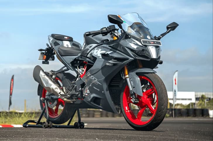TVS Apache RR 310 Static shot on track showing its design elements like aerodynamic winglets.