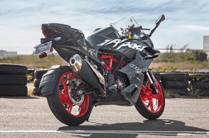 TVS Apache RR 310 rear three fourth static image on track.
