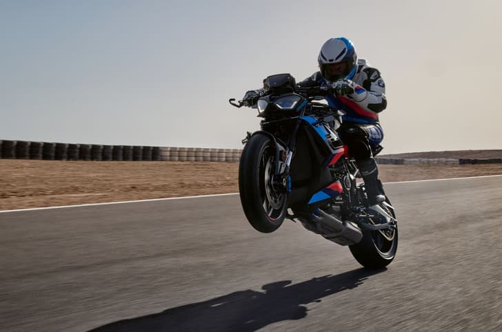 BMW M 1000 R front three quarter wheelie real-life shot