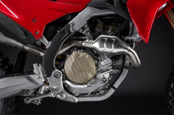 Close-up of the Ducati Desmo250 MX's 249.7cc single-cylinder engine