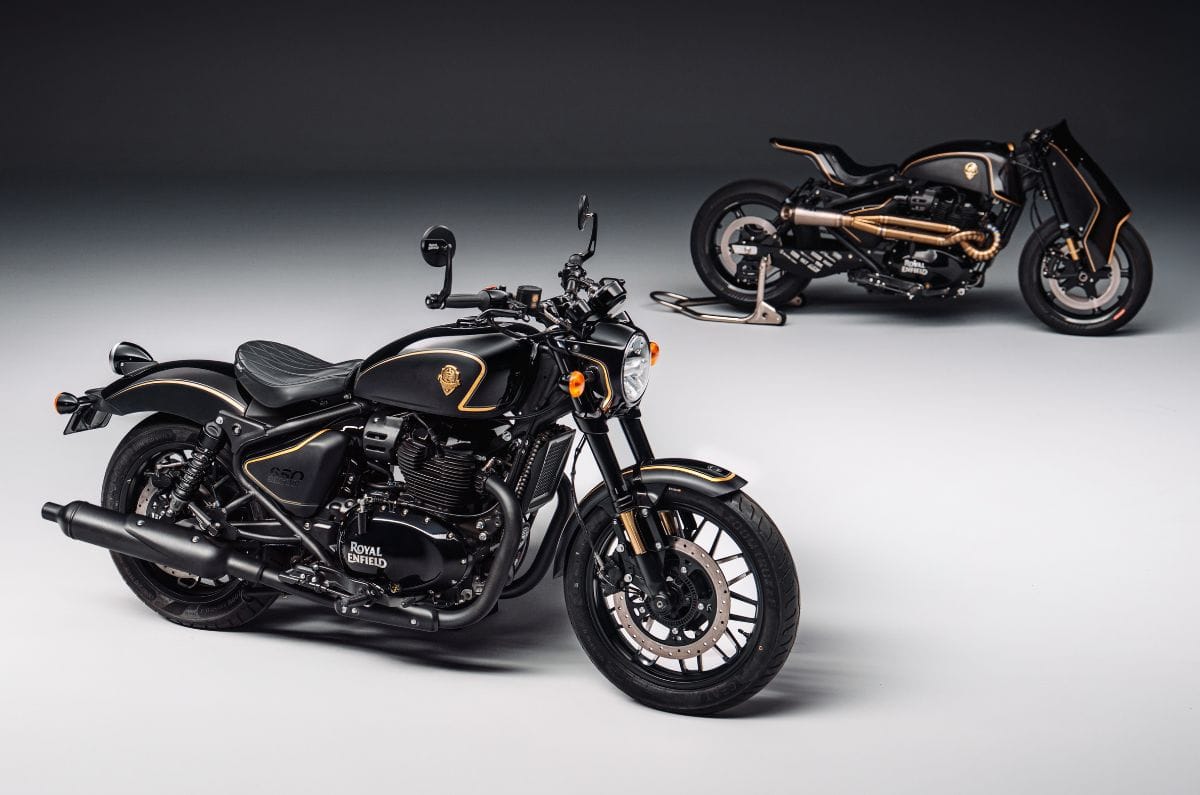 Royal Enfield Shotgun 650 Rough Crafts Edition front three quarter with Caliber Royale Custom motorcycle
