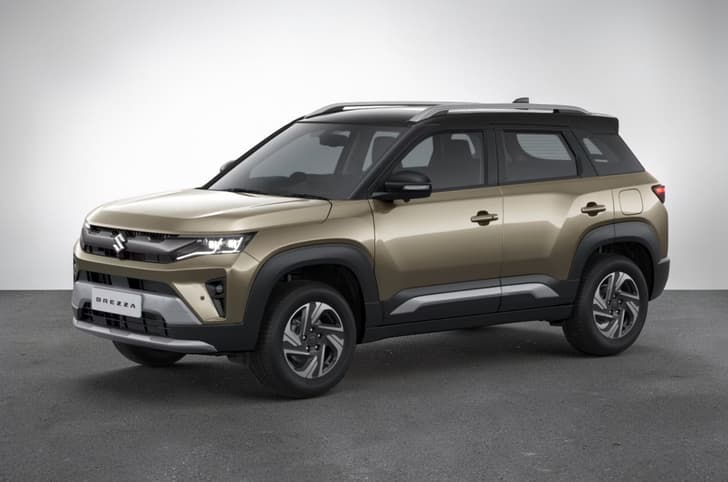 2026 Maruti Brezza Lustrous Beige with Bluish Black Roof.
