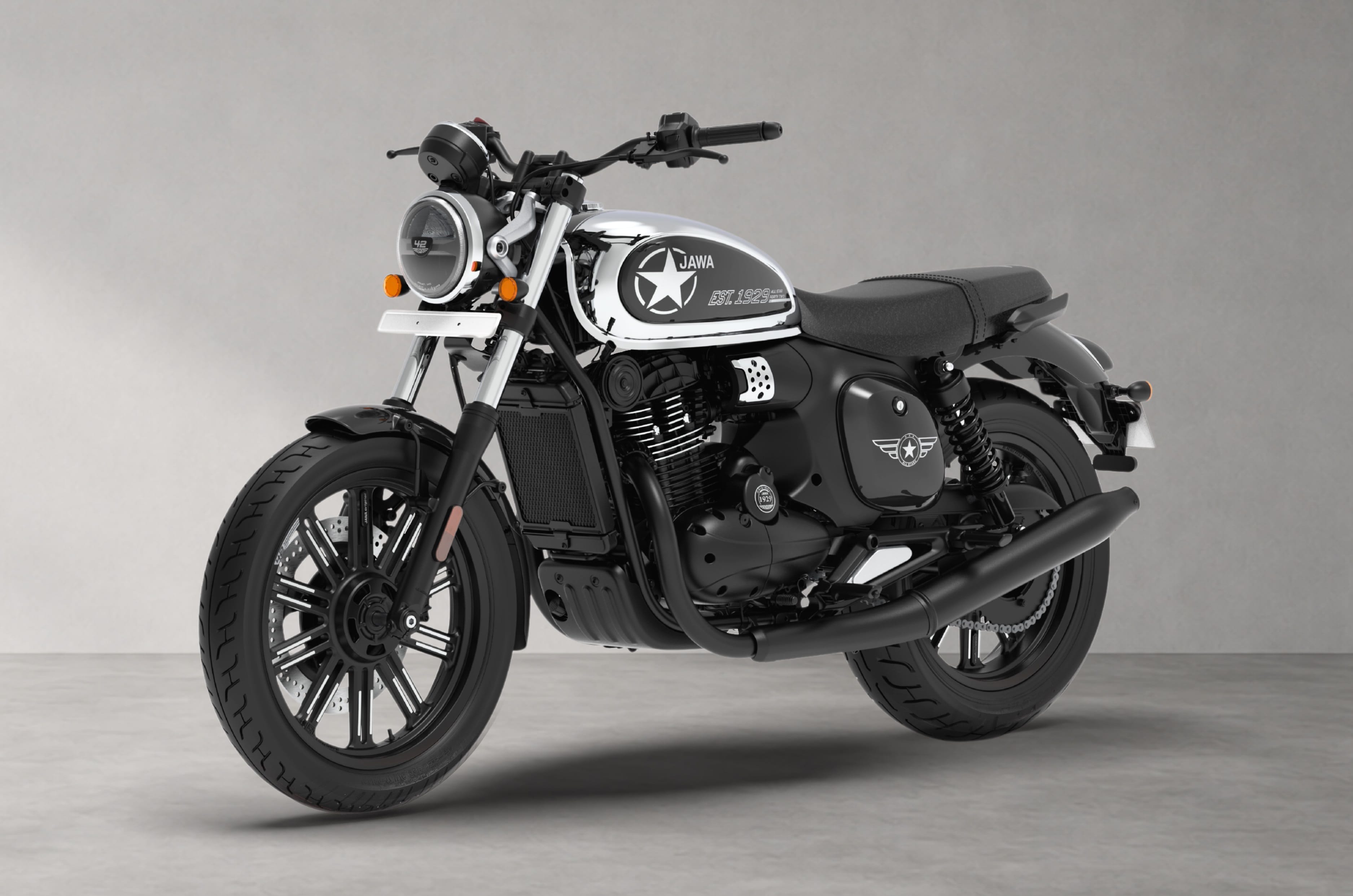 Front left quarter of the Jawa 42 FJ in All Stars Chrome colour.