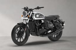 Front left quarter of the Jawa 42 FJ in All Stars Chrome colour.