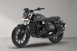 Front left quarter of the Jawa 42 FJ in All Stars Matte Black (Black Clad) colour.