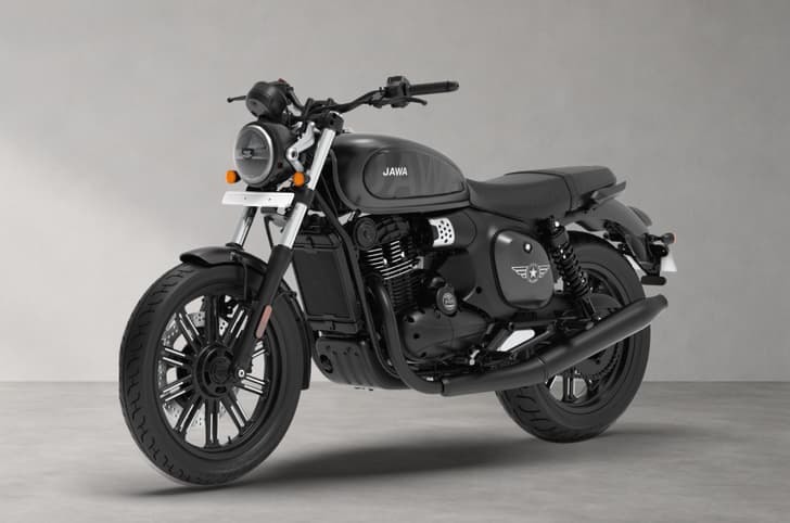 Front left quarter of the Jawa 42 FJ in All Stars Matte Black (Black Clad) colour.