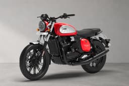 Front left quarter of the Jawa 42 FJ in All Stars Red colour.