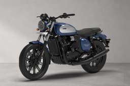 Front left quarter of the Jawa 42 FJ in All Stars Nebula Blue Colour.