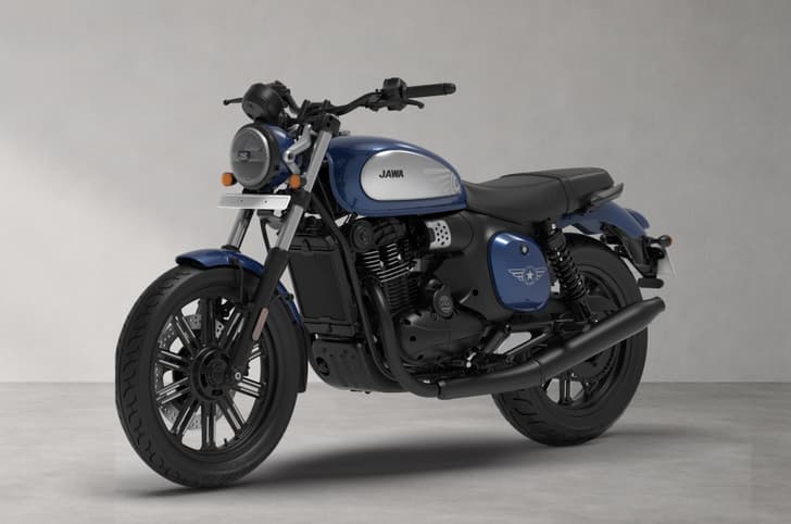 Front left quarter of the Jawa 42 FJ in All Stars Nebula Blue Colour.