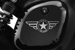 Close up shot of the insignia on the Jawa 42 FJ All Stars Edition's right side panel