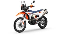 An inside studio render of the KTM 690 Rally showing the front left three quarters of the bike.
