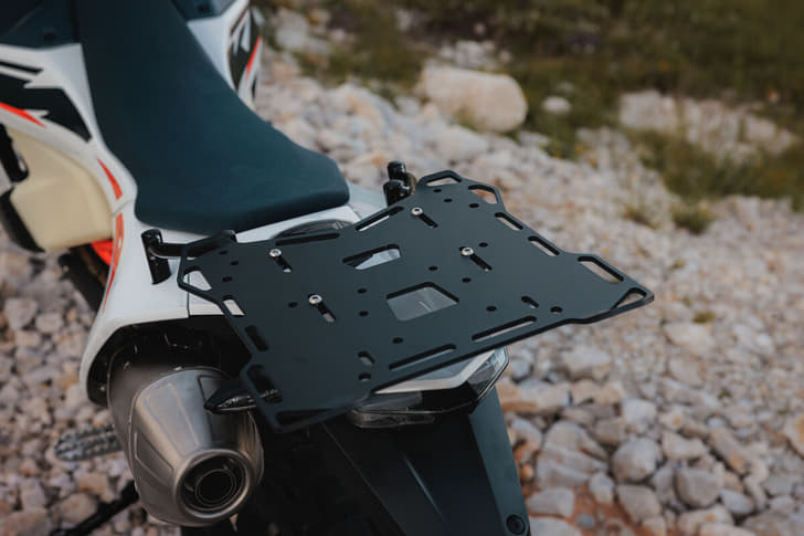 A close up shot of the KTM 690 Rally's rear luggage rack.