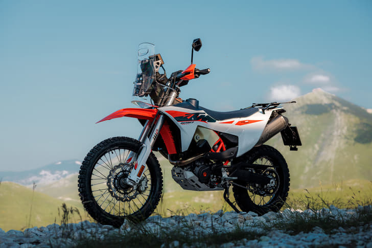 An outside shot showing the KTM 690 Rally's front left three quarters.